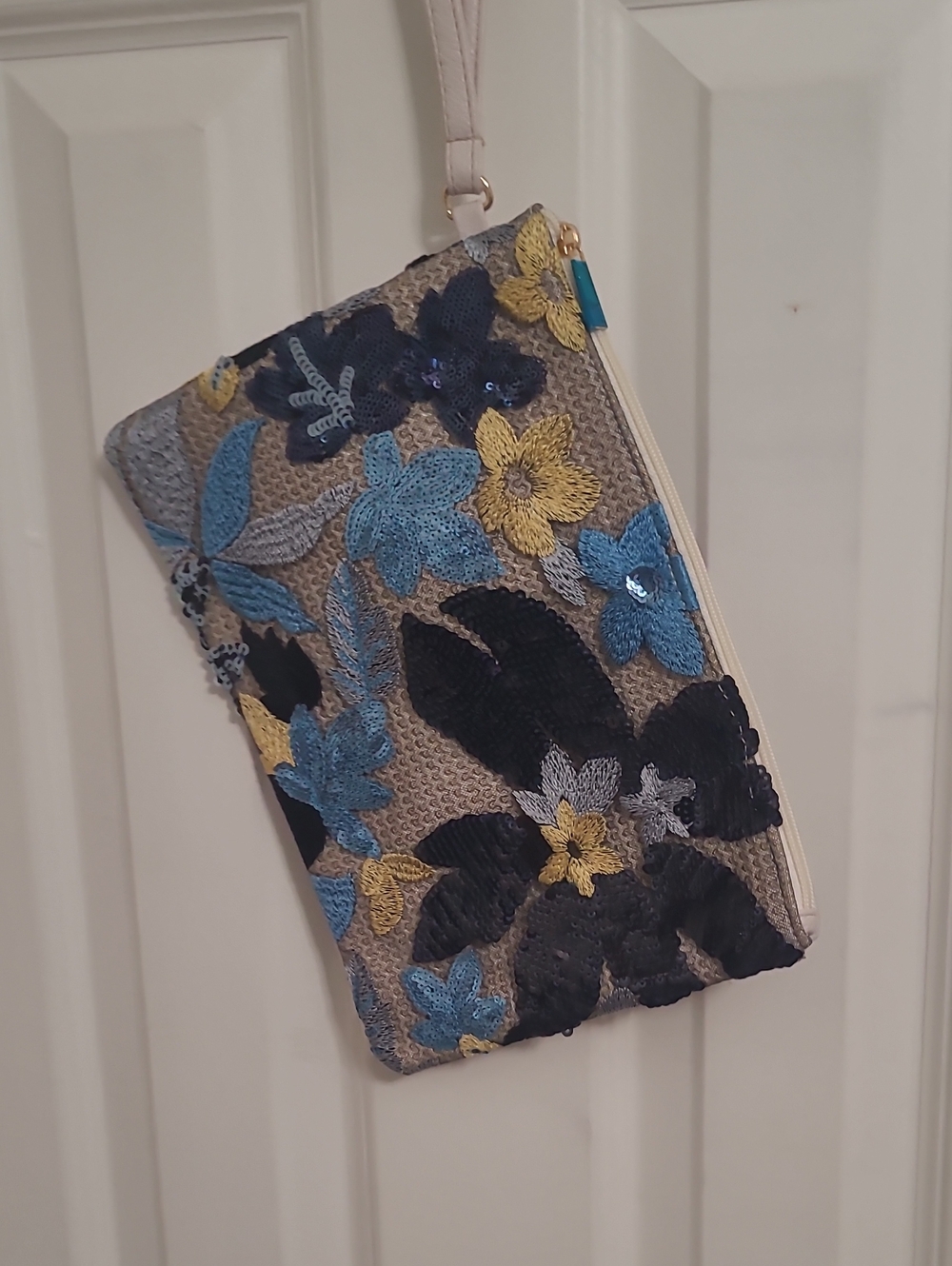 Embroidered Floral Wristlet Clutch - Blue, Yellow & Black